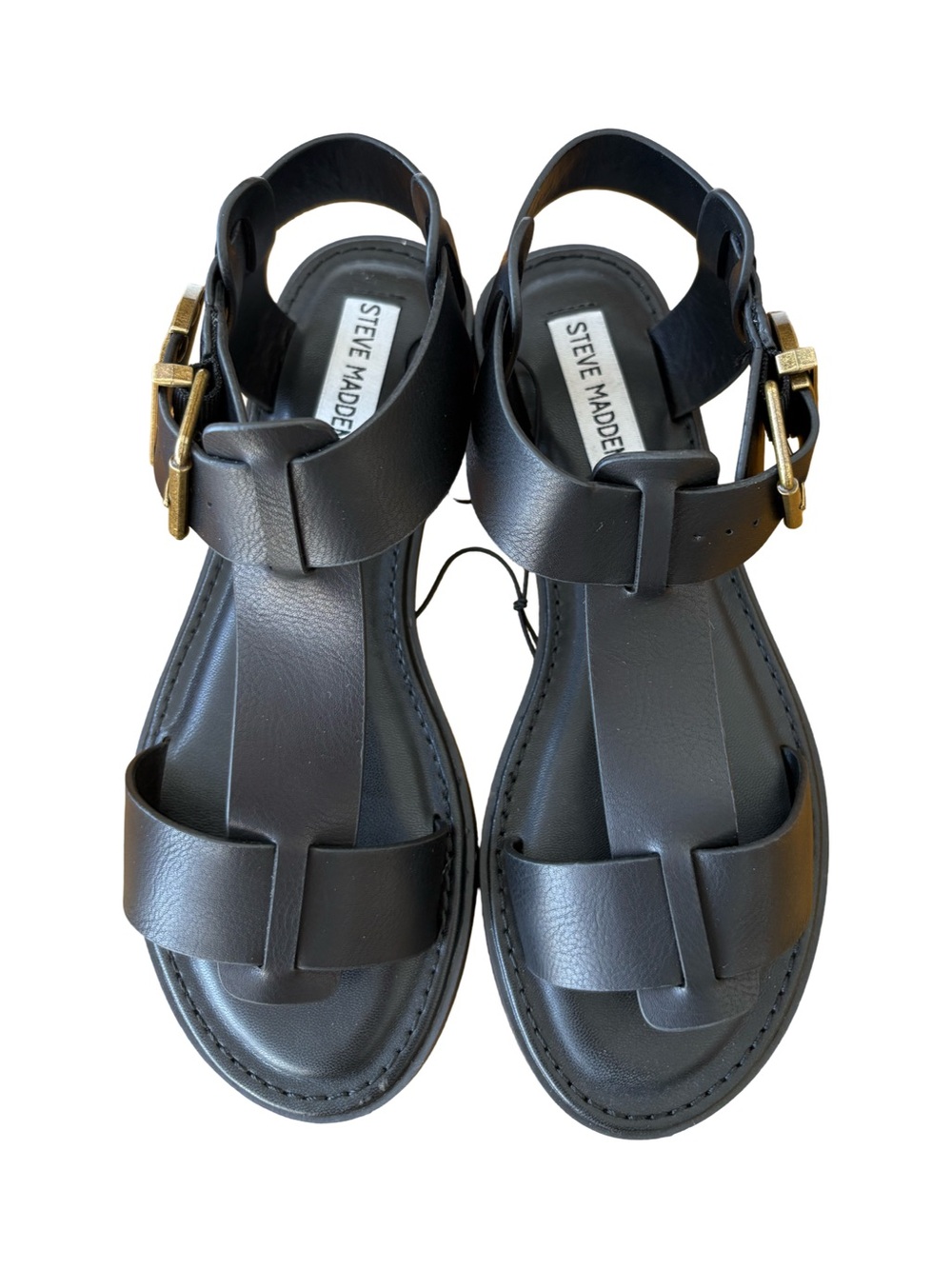 Steve Madden Kids Black Leather Ankle-Strap Sandals with Gold Buckles
